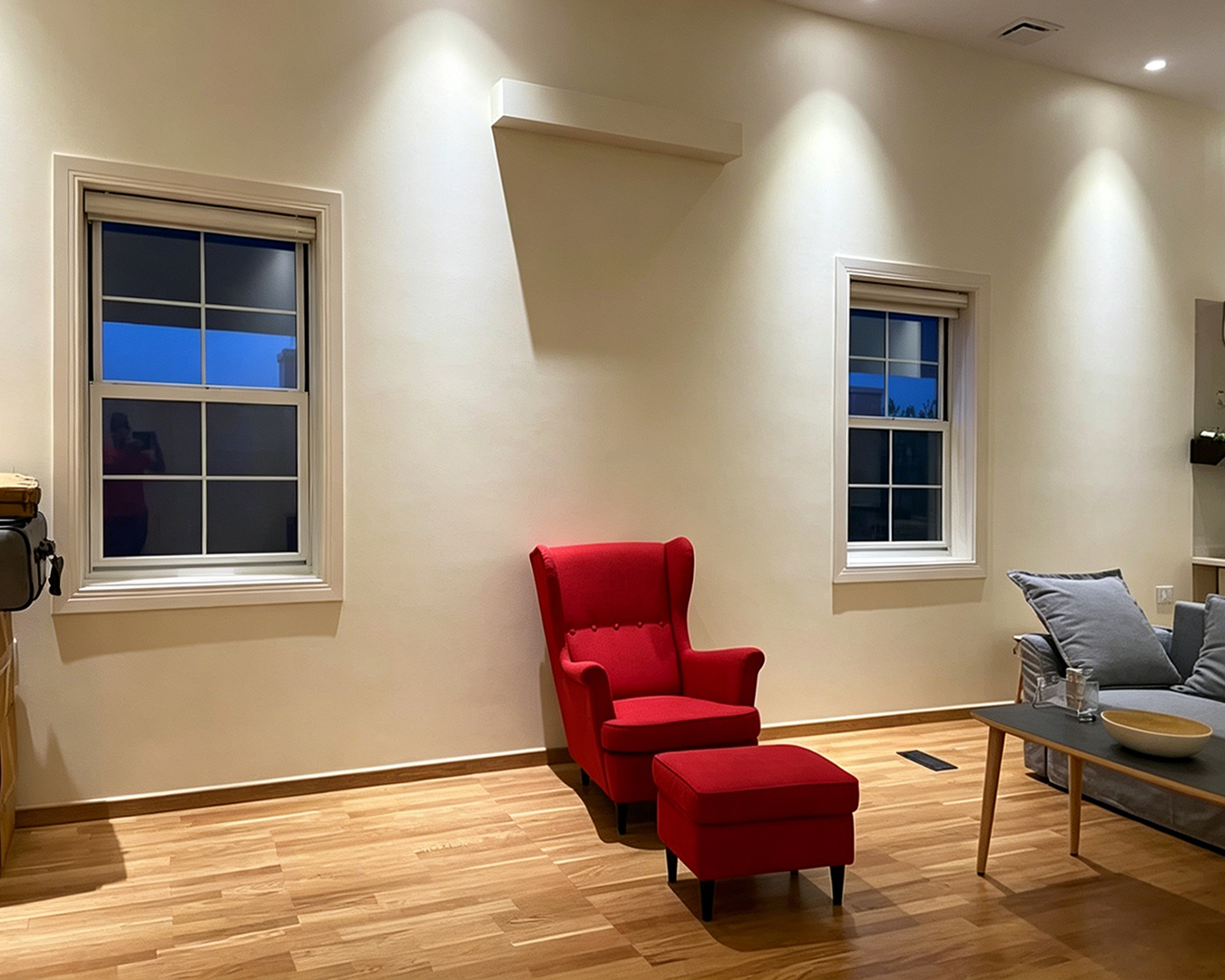 Georgia Windows & Doors white aluminum double hung sash windows with colonial grid bars — paired living room installation North American home