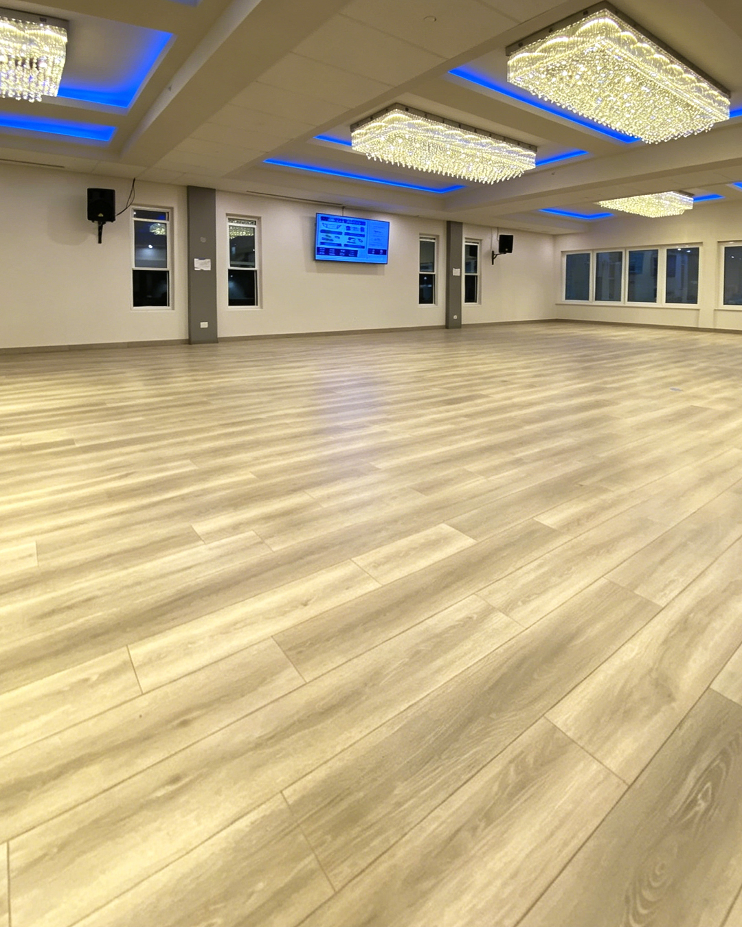 Georgia Windows & Doors white aluminum sash windows — completed commercial event hall blue LED ceiling mosque Burlingame California